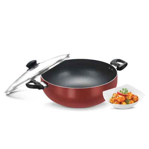 Prestige Omega Deluxe Aluminium Non-Stick Round Base Deep Kadai with Glass Lid 28cm (Red)